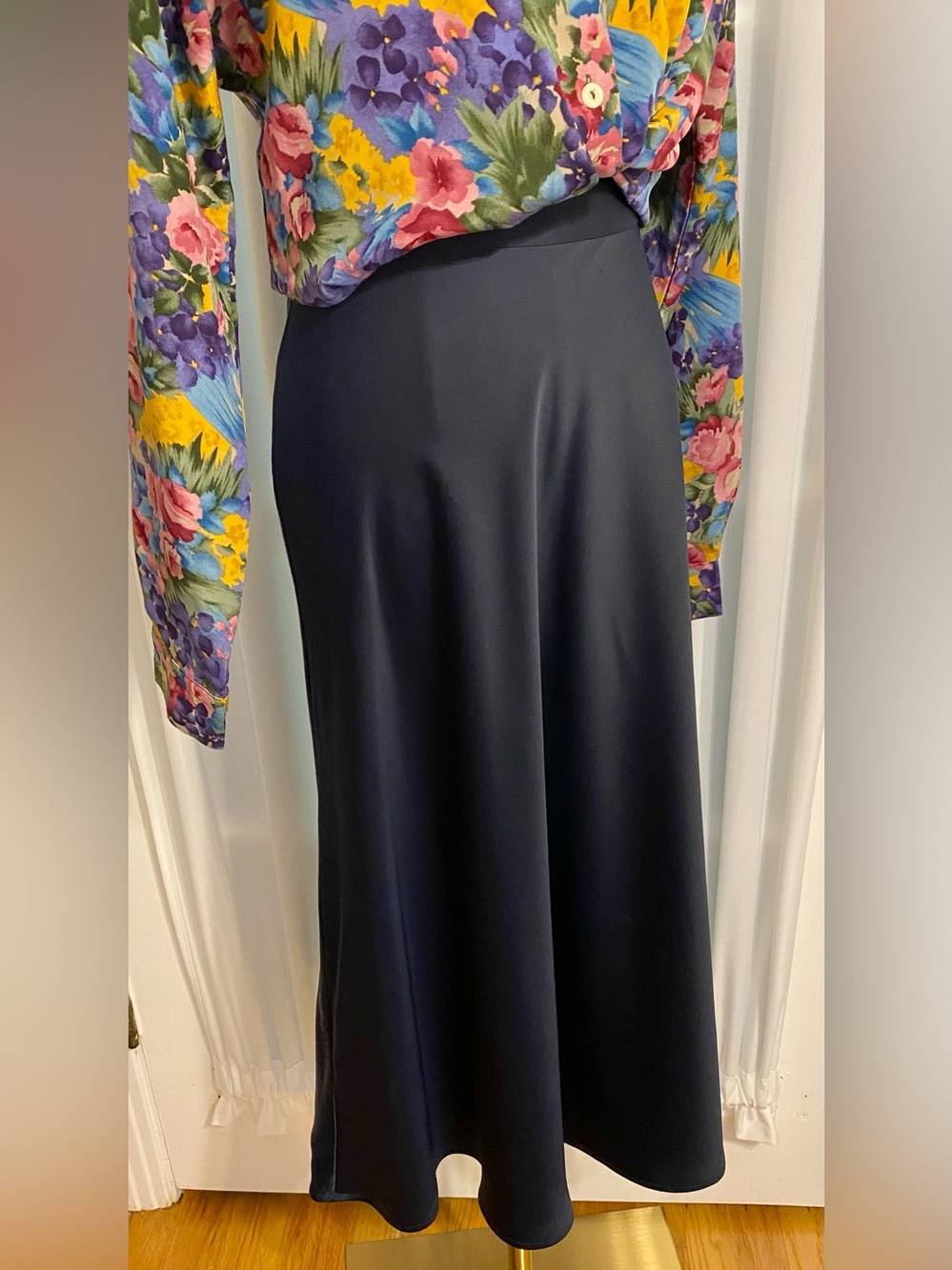 Classic Navy Satin Maxi Skirt with Smooth Waistband
